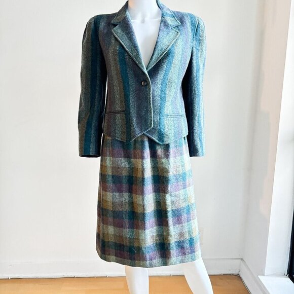 Vintage Gamut Striped Plaid Wool Skirt Suit S - Picture 1 of 6